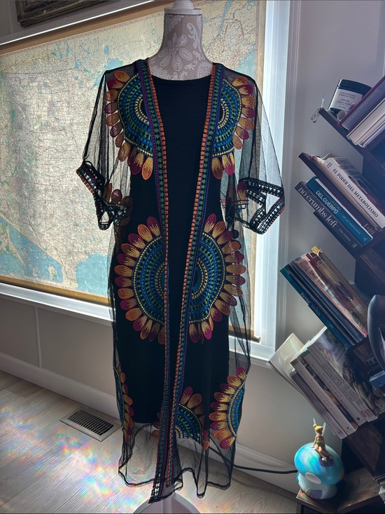 Source Unknown Tops - Source Unknown Black Sheer Tunic with Blue, Yellow & Pink Sunburst Embroidery